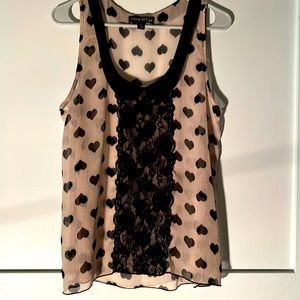 Living Doll Sheer Tan and Black Heart Lacey Sleeveless Tank Sz L